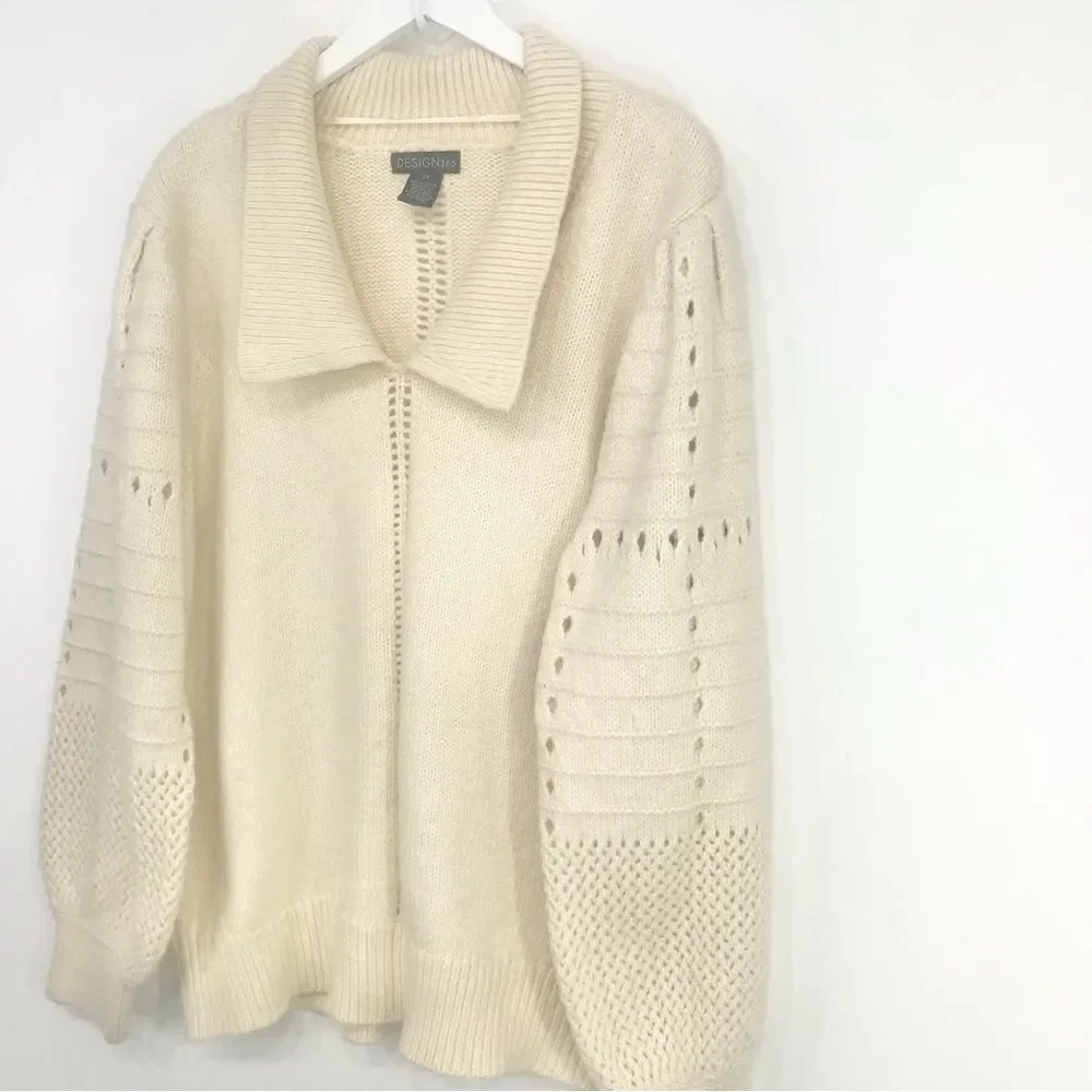 Design 365 Cream Cozy Puff Sleeve Collared Pullover Thick Knit Sweater